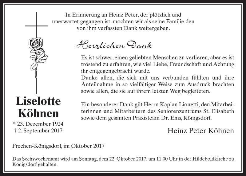  Traueranzeige für Liselotte Köhnen vom 18.10.2017 aus  Wochenende  Werbepost 