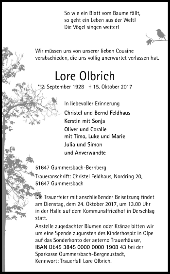 Anzeige von Lore Olbrich von Kölner Stadt-Anzeiger / Kölnische Rundschau / Express