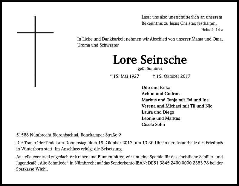  Traueranzeige für Lore Seinsche vom 17.10.2017 aus Kölner Stadt-Anzeiger / Kölnische Rundschau / Express
