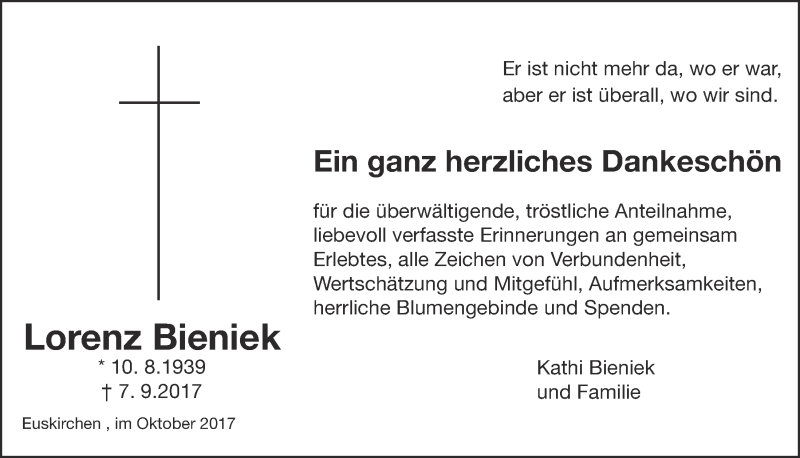  Traueranzeige für Lorenz Bieniek vom 14.10.2017 aus  Blickpunkt Euskirchen 