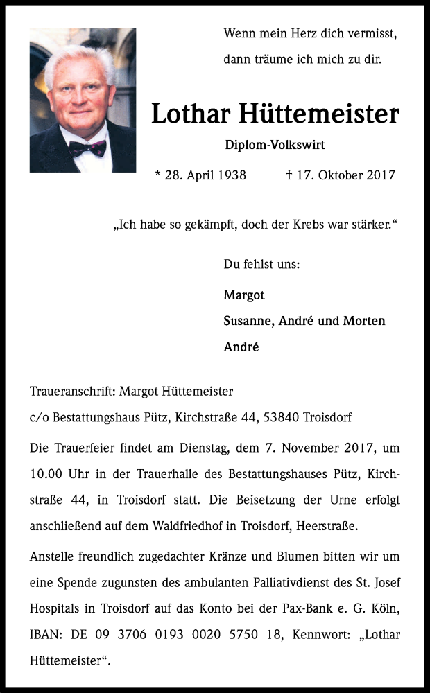  Traueranzeige für Lothar Hüttemeister vom 21.10.2017 aus Kölner Stadt-Anzeiger / Kölnische Rundschau / Express