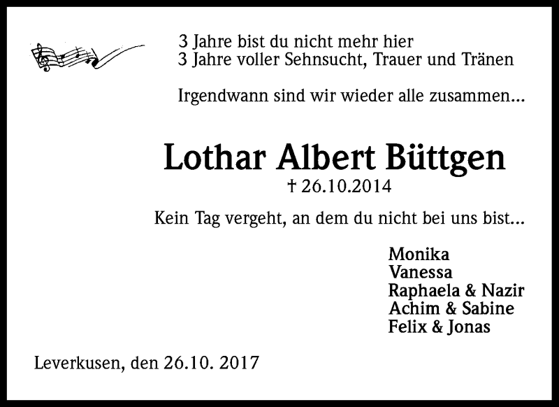  Traueranzeige für Lothar Albert Büttgen vom 26.10.2017 aus Kölner Stadt-Anzeiger / Kölnische Rundschau / Express