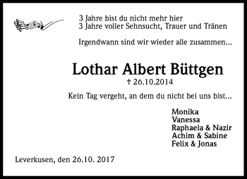 Anzeige von Lothar Albert Büttgen von Kölner Stadt-Anzeiger / Kölnische Rundschau / Express