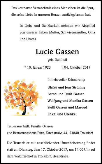 Anzeige von Lucie Gassen von Kölner Stadt-Anzeiger / Kölnische Rundschau / Express