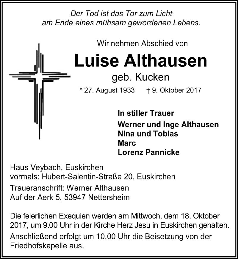  Traueranzeige für Luise Althausen vom 14.10.2017 aus  Blickpunkt Euskirchen 