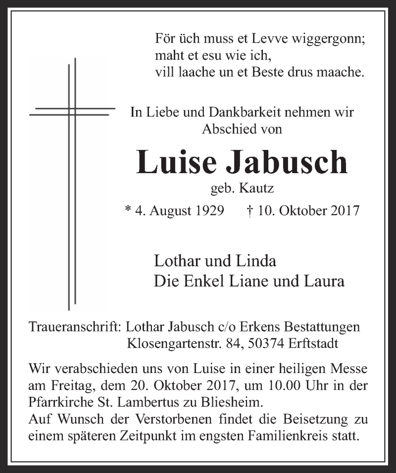  Traueranzeige für Luise Jabusch vom 14.10.2017 aus  Sonntags-Post 