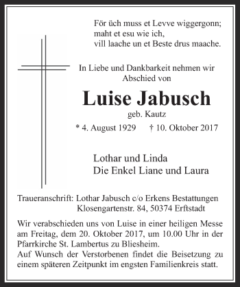 Anzeige von Luise Jabusch von  Sonntags-Post 