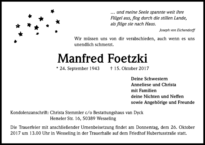  Traueranzeige für Manfred Foetzki vom 21.10.2017 aus Kölner Stadt-Anzeiger / Kölnische Rundschau / Express