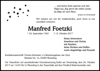 Anzeige von Manfred Foetzki von Kölner Stadt-Anzeiger / Kölnische Rundschau / Express