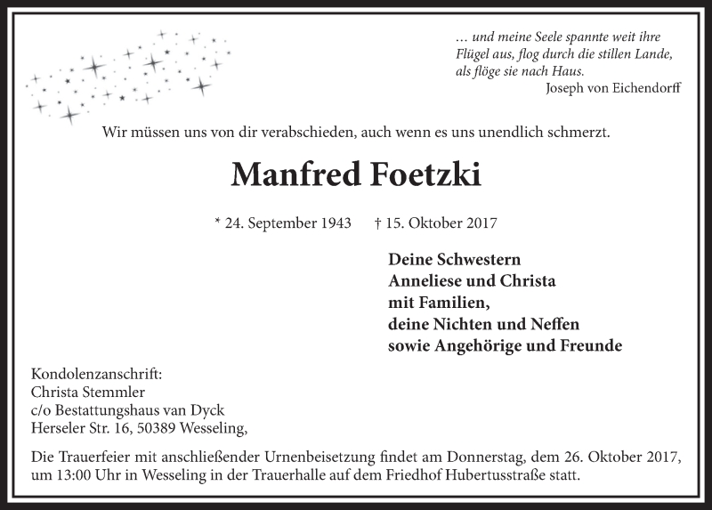  Traueranzeige für Manfred Foetzki vom 25.10.2017 aus  Schlossbote/Werbekurier 