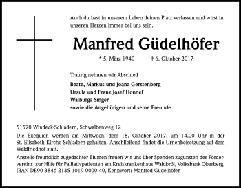 Anzeige von Manfred Güdelhöfer von Kölner Stadt-Anzeiger / Kölnische Rundschau / Express