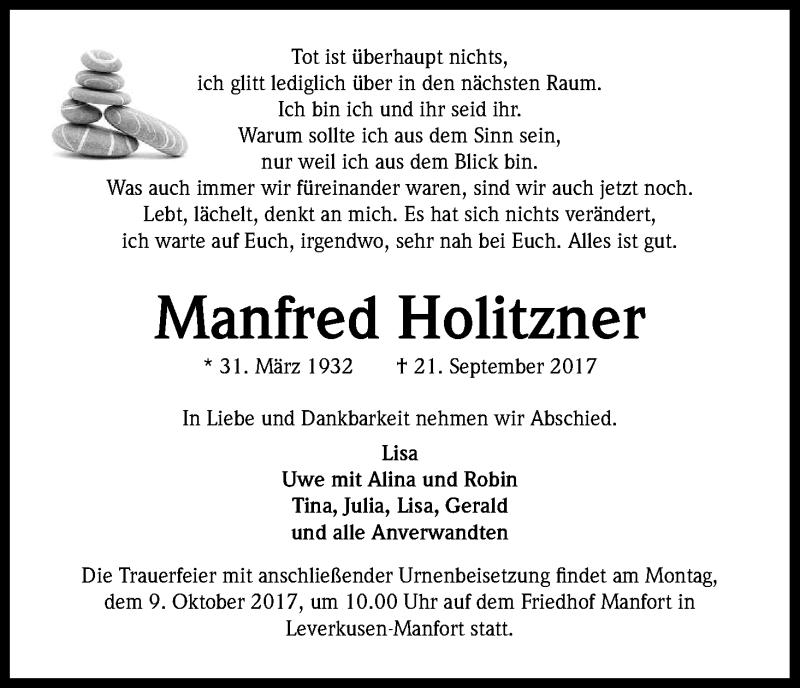  Traueranzeige für Manfred Holitzner vom 07.10.2017 aus Kölner Stadt-Anzeiger / Kölnische Rundschau / Express