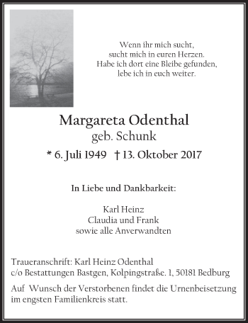 Anzeige von Margareta Odenthal von  Werbepost 