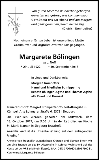 Anzeige von Margarete Bölingen von Kölner Stadt-Anzeiger / Kölnische Rundschau / Express