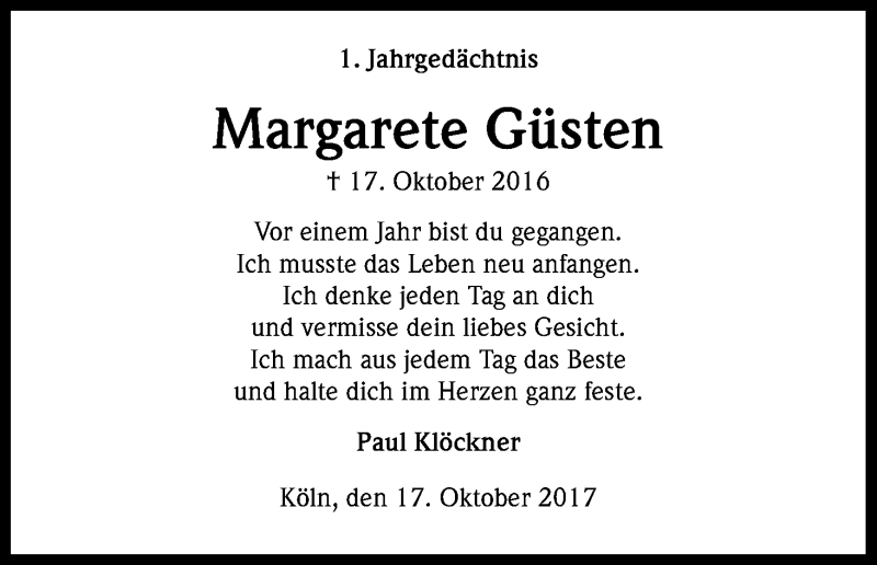  Traueranzeige für Margarete Güsten vom 17.10.2017 aus Kölner Stadt-Anzeiger / Kölnische Rundschau / Express