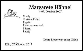 Anzeige von Margarete Hähnel von Kölner Stadt-Anzeiger / Kölnische Rundschau / Express