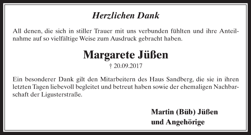  Traueranzeige für Margarete Jüßen vom 25.10.2017 aus  Werbepost 