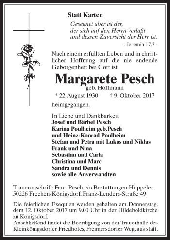 Anzeige von Margarete Pesch von  Wochenende 