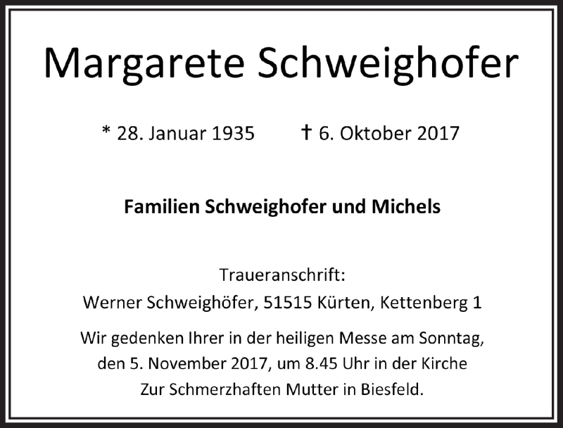  Traueranzeige für Margarete Schweighofer vom 25.10.2017 aus  Bergisches Handelsblatt 