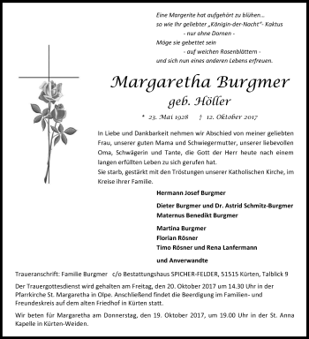 Anzeige von Margaretha Burgmer von Kölner Stadt-Anzeiger / Kölnische Rundschau / Express