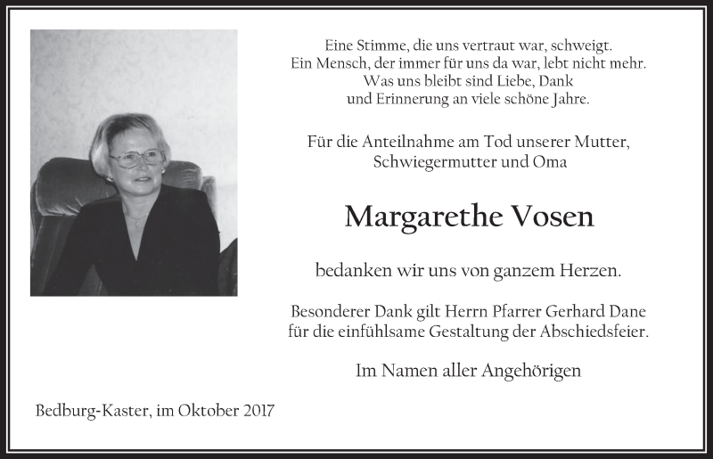  Traueranzeige für Margarethe Vosen vom 18.10.2017 aus  Werbepost 
