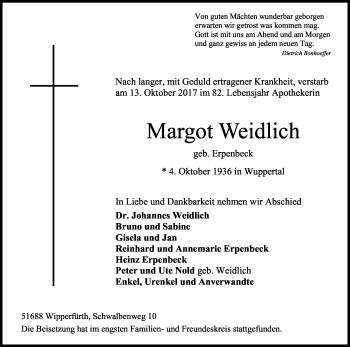 Anzeige von Margot Weidlich von Kölner Stadt-Anzeiger / Kölnische Rundschau / Express
