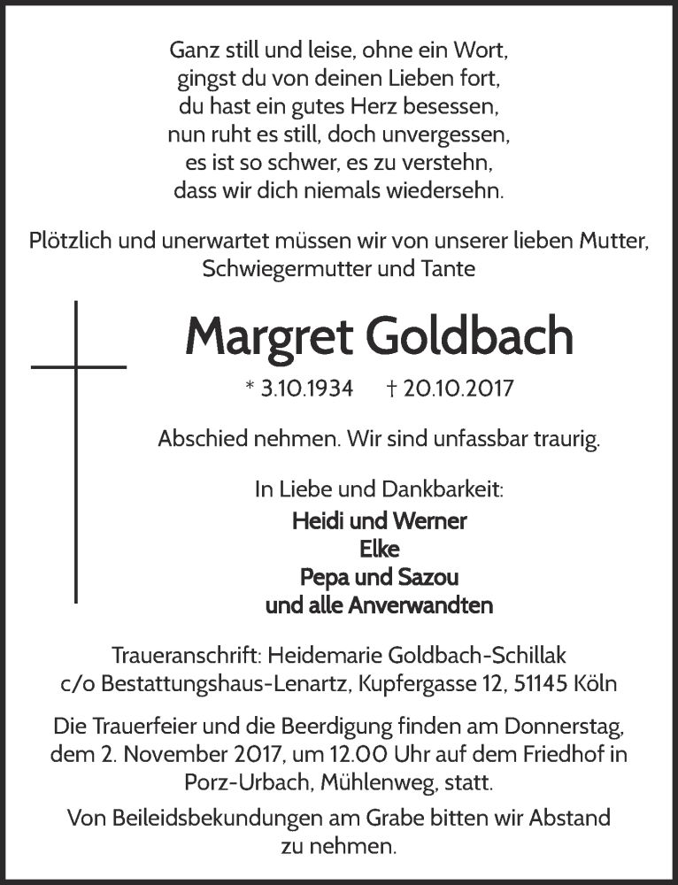  Traueranzeige für Margret Goldbach vom 28.10.2017 aus 