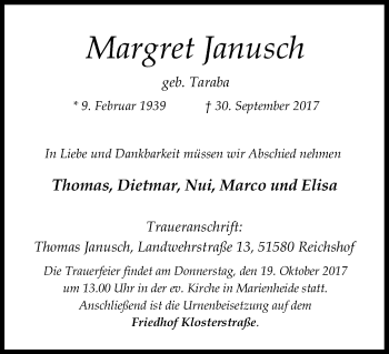 Anzeige von Margret Janusch von Kölner Stadt-Anzeiger / Kölnische Rundschau / Express