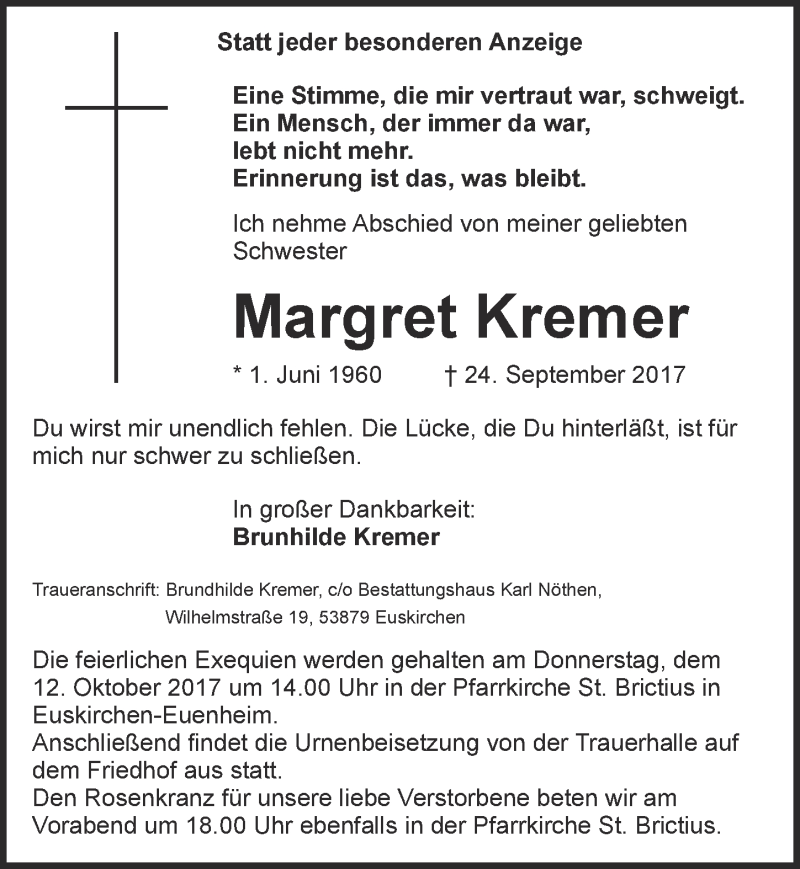  Traueranzeige für Margret Kremer vom 07.10.2017 aus  Blickpunkt Euskirchen 