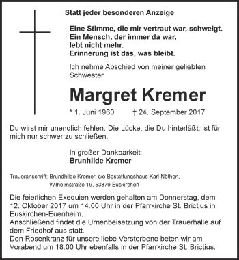 Anzeige von Margret Kremer von  Blickpunkt Euskirchen 