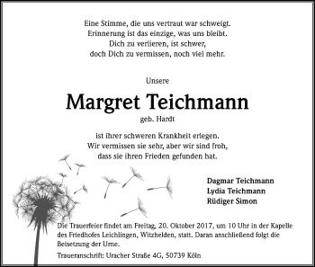 Anzeige von Margret Teichmann von Kölner Stadt-Anzeiger / Kölnische Rundschau / Express