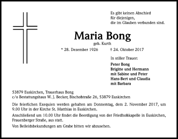 Anzeige von Maria Bong von Kölner Stadt-Anzeiger / Kölnische Rundschau / Express