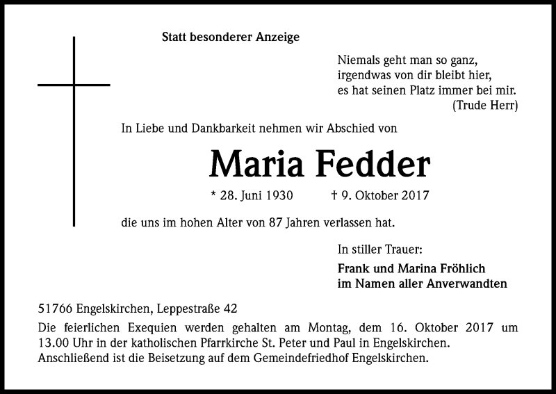  Traueranzeige für Maria Fedder vom 12.10.2017 aus Kölner Stadt-Anzeiger / Kölnische Rundschau / Express