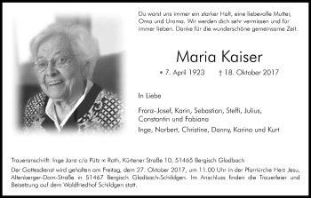 Anzeige von Maria Kaiser von Kölner Stadt-Anzeiger / Kölnische Rundschau / Express