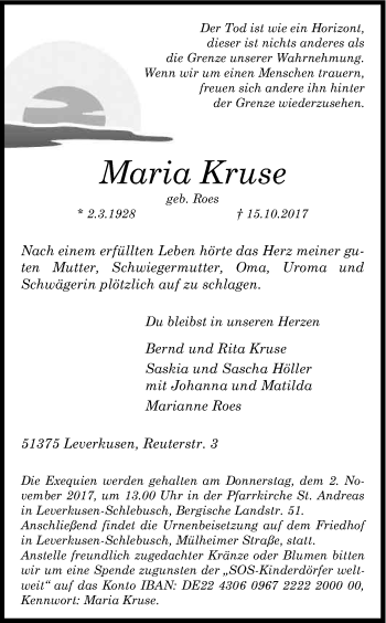 Anzeige von Maria Kruse von Kölner Stadt-Anzeiger / Kölnische Rundschau / Express