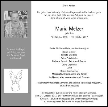 Anzeige von Maria Melzer von Kölner Stadt-Anzeiger / Kölnische Rundschau / Express