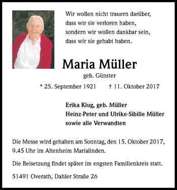Anzeige von Maria Müller von Kölner Stadt-Anzeiger / Kölnische Rundschau / Express