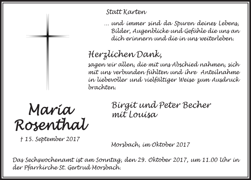  Traueranzeige für Maria Rosenthal vom 18.10.2017 aus  Lokalanzeiger 