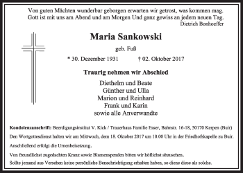 Anzeige von Maria Sankowski von  Sonntags-Post 