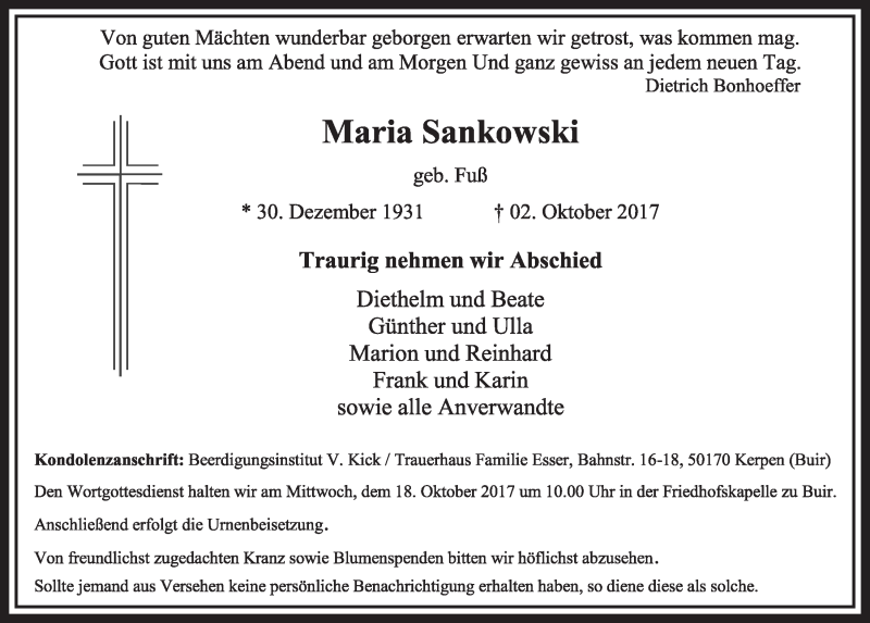  Traueranzeige für Maria Sankowski vom 14.10.2017 aus  Sonntags-Post 