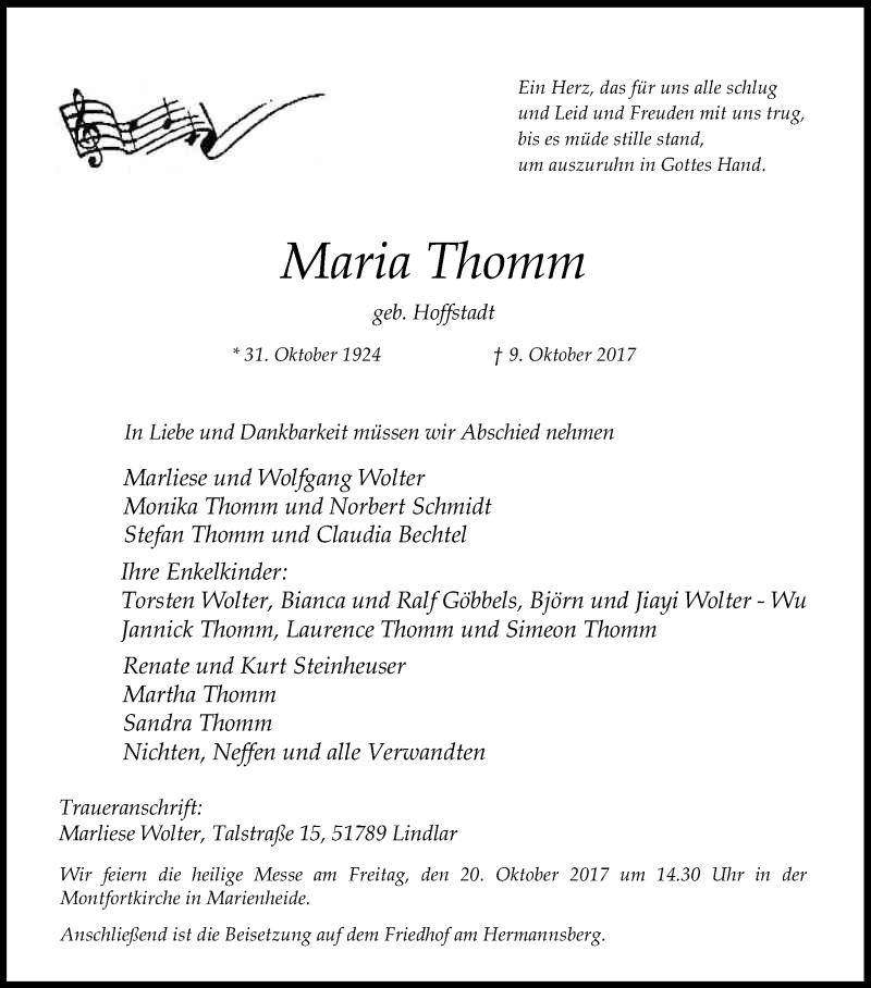  Traueranzeige für Maria Thomm vom 17.10.2017 aus Kölner Stadt-Anzeiger / Kölnische Rundschau / Express
