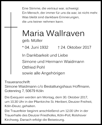Anzeige von Maria Wallraven von Kölner Stadt-Anzeiger / Kölnische Rundschau / Express