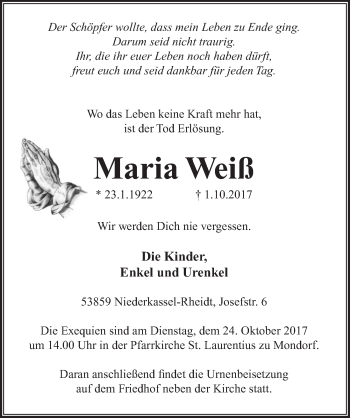 Anzeige von Maria Weiß von  Extra Blatt 