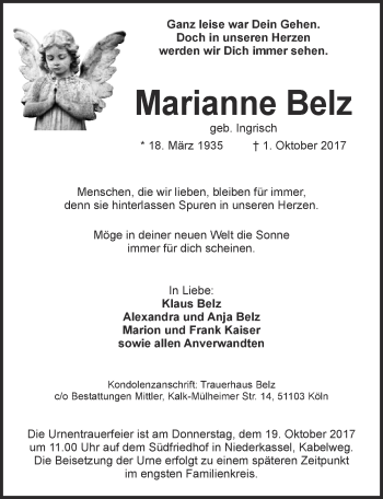 Anzeige von Marianne Belz von  Extra Blatt 