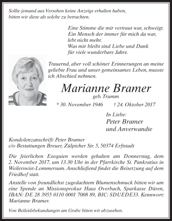 Anzeige von Marianne Bramer von  Blickpunkt Euskirchen 