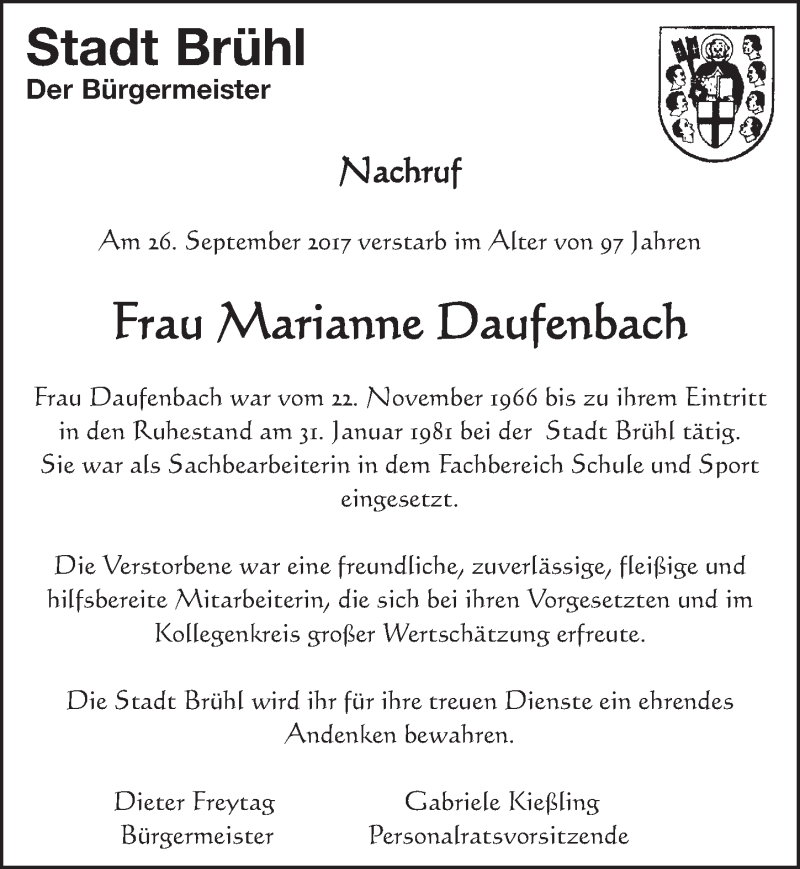  Traueranzeige für Marianne Daufenbach vom 18.10.2017 aus  Schlossbote/Werbekurier 