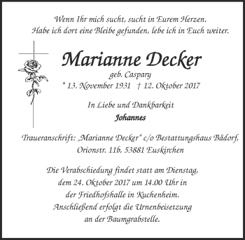 Anzeige von Marianne Decker von  Blickpunkt Euskirchen 