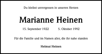 Anzeige von Marianne Heinen von Kölner Stadt-Anzeiger / Kölnische Rundschau / Express