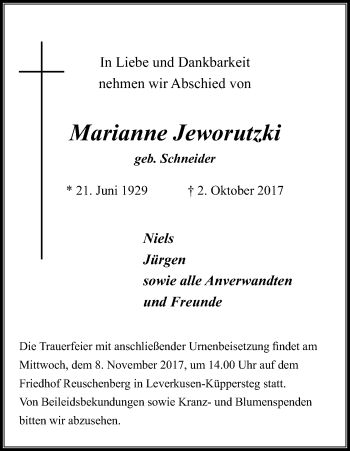 Anzeige von Marianne Jeworutzki von Kölner Stadt-Anzeiger / Kölnische Rundschau / Express
