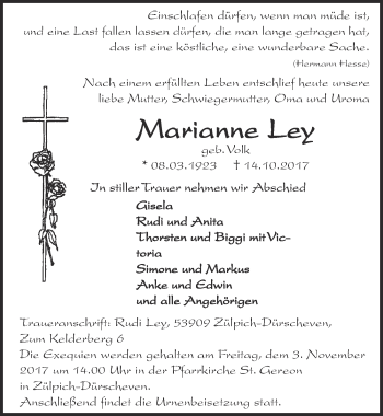 Anzeige von Marianne Ley von  Blickpunkt Euskirchen 
